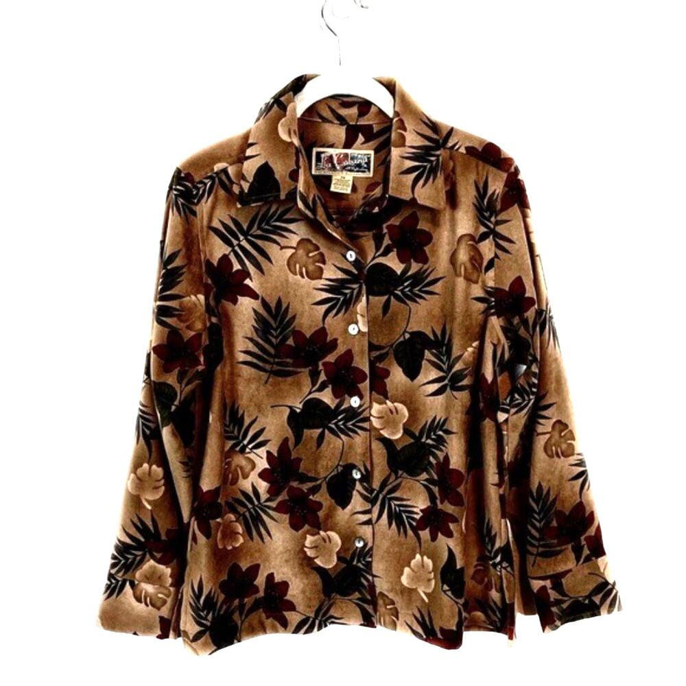La Cabana Tropical Shirt Women Size M Petite Vintage Button Ultra Suede Floral